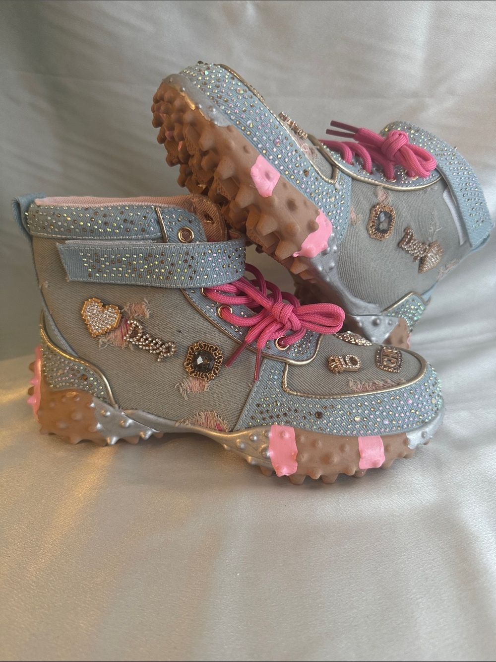 New! Gray & Pink Embellished High-Top Sneakers
